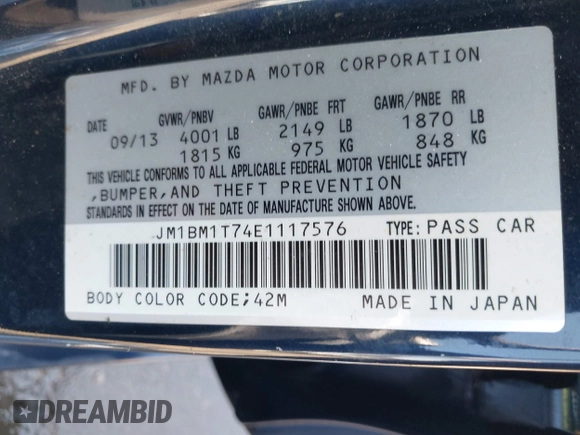2014 Mazda 3 i SV with VIN JM1BM1T74E1117576, listed as a IAAI auction lot 42062701 with 107,528 mi miles and . Bid and sale history available at DreamBid. Image 9.