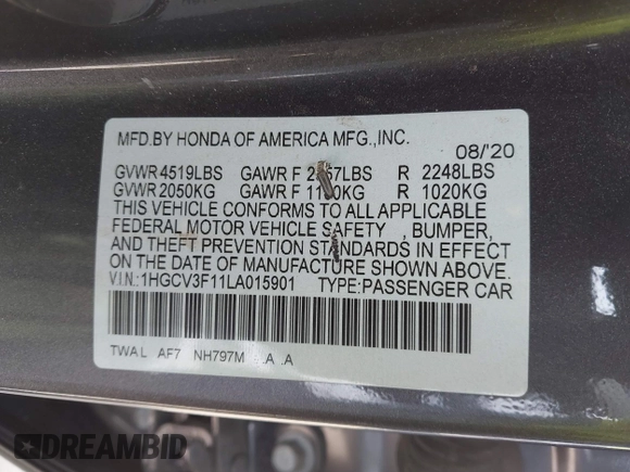 2020 Honda Accord with VIN 1HGCV3F11LA015901, listed as a IAAI auction lot 42022659 with 131,865 mi miles and . Bid and sale history available at DreamBid. Image 9.