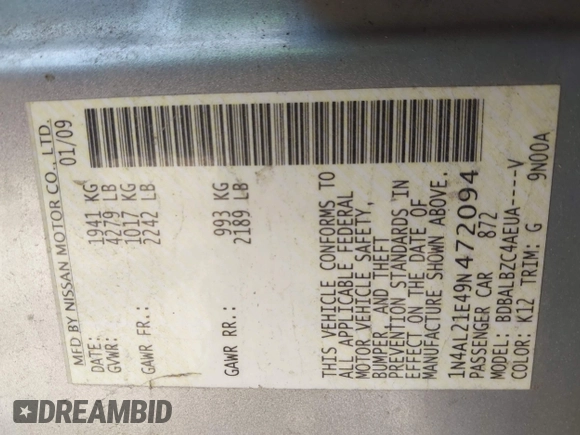 2009 Nissan Altima SL with VIN 1N4AL21E49N472094, listed as a IAAI auction lot 42108451 with 210,448 mi miles and . Bid and sale history available at DreamBid. Image 9.