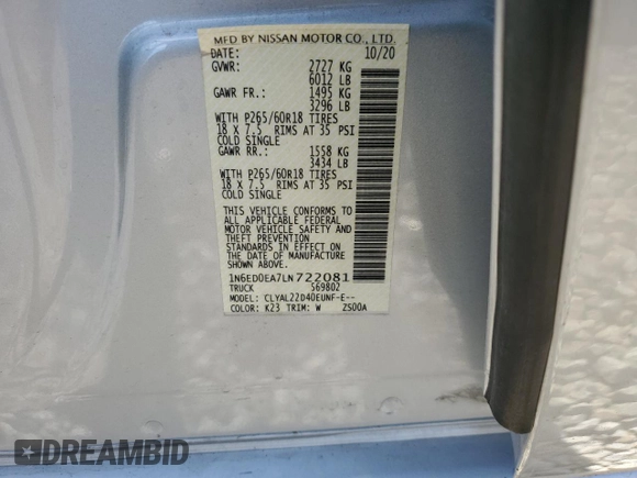 2020 Nissan Frontier SV with VIN 1N6ED0EA7LN722081, listed as a Copart auction lot 82192264 with 5,329 mi miles and Salvage title. Bid and sale history available at DreamBid. Image 14.