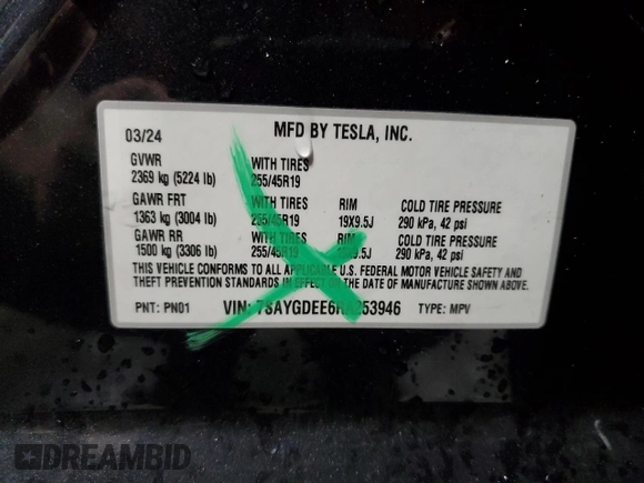 2024 Tesla Model Y Long Range with VIN 7SAYGDEE6RA253946, listed as a Copart auction lot 46699445 with 6,008 mi miles and Salvage Title. Bid and sale history available at DreamBid. Image 15.