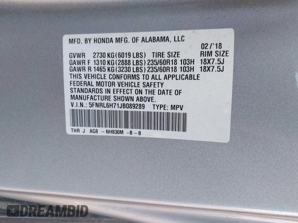 2018 Honda Odyssey EX-L with VIN 5FNRL6H71JB089289, listed as a IAAI auction lot 41813322 with 94,933 mi miles and . Bid and sale history available at DreamBid. Image 9.