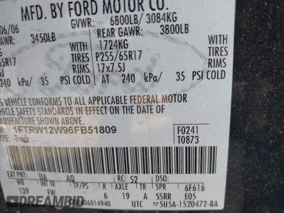 2006 Ford F-150 XLT with VIN 1FTRW12W96FB51809, listed as a IAAI auction lot 42048037 with 360,680 mi miles. Bid and sale history available at carsss.com. Image 9.