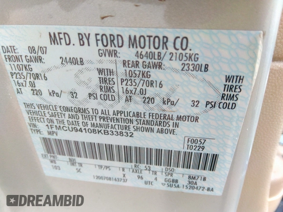 2008 Ford Escape Limited with VIN 1FMCU94108KB33832, listed as a IAAI auction lot 36684133 with 199,192 mi miles. Bid and sale history available at carsss.com. Image 9.