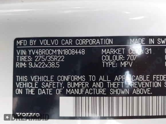 2022 Volvo XC90 R-Design with VIN YV4BR0CM1N1808448, listed as a IAAI auction lot 41196028 with 42,062 mi miles and . Bid and sale history available at DreamBid. Image 9.