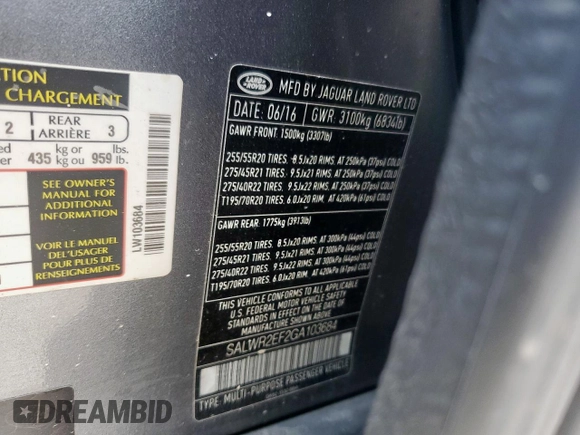 2016 Land Rover Range Rover Sport Dynamic with VIN SALWR2EF2GA103684, listed as a Copart auction lot 60701485 with 130,412 mi miles and Clean title. Bid and sale history available at DreamBid. Image 13.