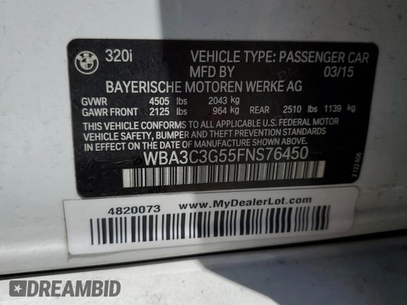 2015 BMW 3 Series 320i xDrive с VIN WBA3C3G55FNS76450, выставлен на аукционе Copart как лот 57479495 с пробегом 136 072 миль миль и Списание • Salvage title. История ставок и продаж доступна на DreamBid. Изображение 12.