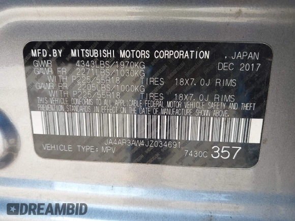 2018 Mitsubishi Outlander SE with VIN JA4AR3AW4JZ034691, listed as a IAAI auction lot 42004538 with 130,617 mi miles and . Bid and sale history available at DreamBid. Image 9.