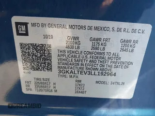 2020 GMC Terrain SLE with VIN 3GKALTEV3LL192964, listed as a IAAI auction lot 40497797 with 37,800 mi miles. Bid and sale history available at carsss.com. Image 9.