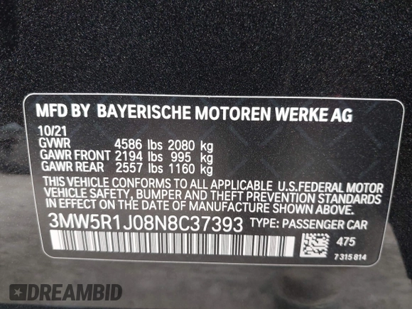 2022 BMW 3 Series 330i with VIN 3MW5R1J08N8C37393, listed as a IAAI auction lot 41712629 with 37,423 mi miles and . Bid and sale history available at DreamBid. Image 9.