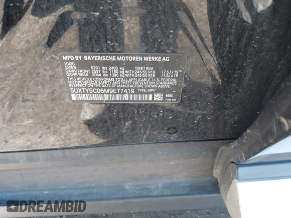 2021 BMW X3 xDrive30i with VIN 5UXTY5C06M9E77419, listed as a IAAI auction lot 41748100 with 119,149 mi miles and . Bid and sale history available at DreamBid. Image 9.