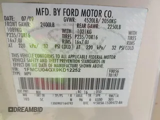 2009 Ford Escape Limited with VIN 1FMCU04GX9KD12252, listed as a IAAI auction lot 42121277 with 189,949 mi miles and . Bid and sale history available at DreamBid. Image 9.