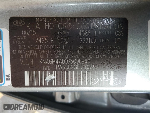 2016 Kia Optima Hybrid with VIN KNAGM4AD1G5096940, listed as a Copart auction lot 89160025 with 122,847 mi miles and Salvage Title. Bid and sale history available at carsss.com. Image 12.