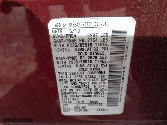 2011 Nissan Murano SV with VIN JN8AZ1MW4BW150292, listed as a IAAI auction lot 41809777 with 198,717 mi miles. Bid and sale history available at carsss.com. Image 9.