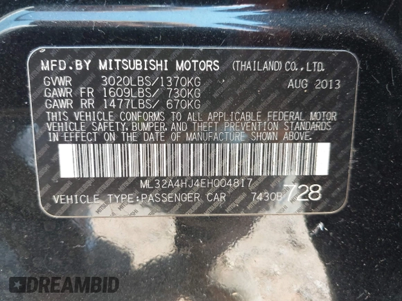 2014 Mitsubishi Mirage ES with VIN ML32A4HJ4EH004817, listed as a IAAI auction lot 42652590 with 155,186 mi miles and . Bid and sale history available at DreamBid. Image 9.