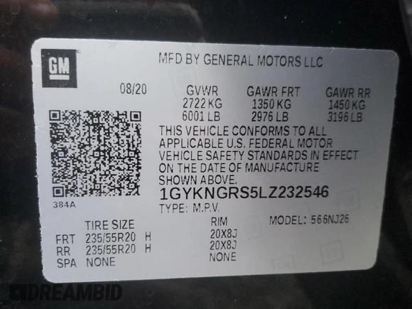 2020 Cadillac XT5 Sport AWD with VIN 1GYKNGRS5LZ232546, listed as a Copart auction lot 84104644 with 25,276 mi miles and Salvage title. Bid and sale history available at DreamBid. Image 15.