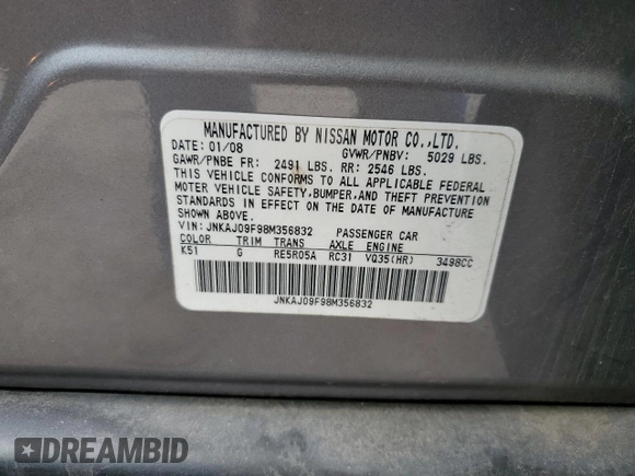 2008 Infiniti EX Journey with VIN JNKAJ09F98M356832, listed as a Copart auction lot 49654795 with 171,367 mi miles and Salvage title. Bid and sale history available at DreamBid. Image 13.