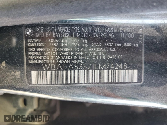 2001 BMW X5 3.0i with VIN WBAFA53521LM74248, listed as a Copart auction lot 86375254 with 0 mi miles and Clean Title. Bid and sale history available at carsss.com. Image 13.