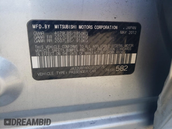 2012 Mitsubishi Lancer GT with VIN JA32U8FW0CU029775, listed as a Copart auction lot 76578364 with 180,217 mi miles and Salvage Title. Bid and sale history available at carsss.com. Image 12.
