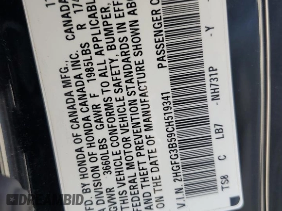 2012 Honda Civic Cpe LX with VIN 2HGFG3B59CH519341, listed as a Copart auction lot 73415724 with 80,910 mi miles and Salvage Title. Bid and sale history available at carsss.com. Image 12.