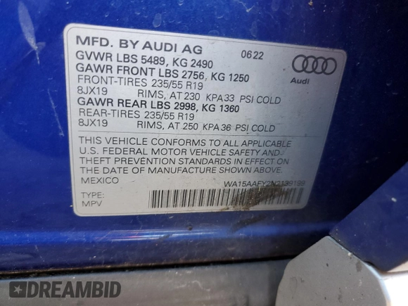 2022 Audi Q5 Sportback S line Premium Plus with VIN WA15AAFY2N2139199, listed as a Copart auction lot 82804054 with Not provided miles and Salvage title. Bid and sale history available at DreamBid. Image 15.