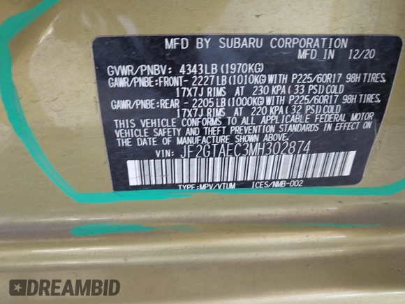 2021 Subaru Crosstrek Premium z VIN JF2GTAEC3MH302874, wystawiony jako IAAI lot #42452069 z przebiegiem 43 618 mil mil oraz . Historia ofert i sprzedaży dostępna na DreamBid. Obrazek 9.