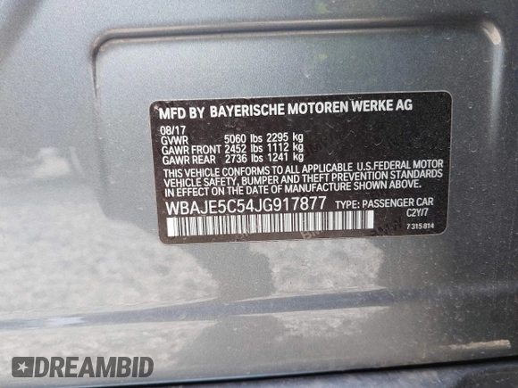 2018 BMW 5 Series 540i z VIN WBAJE5C54JG917877, wystawiony jako IAAI lot #42235433 z przebiegiem 103 375 mil mil oraz . Historia ofert i sprzedaży dostępna na DreamBid. Obrazek 9.