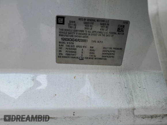 2016 Chevrolet Tahoe LTZ z VIN 1GNSKCKC4GR208861, wystawiony jako Copart lot #56832895 z przebiegiem 132 982 mil mil oraz Szkoda całkowita • Salvage title. Historia ofert i sprzedaży dostępna na DreamBid. Obrazek 14.