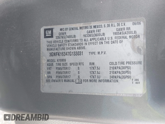 2007 Chevrolet Suburban LTZ with VIN 3GNFK16347G133031, listed as a IAAI auction lot 41955039 with 342,366 mi miles and . Bid and sale history available at DreamBid. Image 9.
