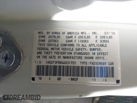 2010 Honda Accord EX-L with VIN 1HGCP3F89AA031753, listed as a IAAI auction lot 42156585 with 215,453 mi miles and . Bid and sale history available at DreamBid. Image 9.