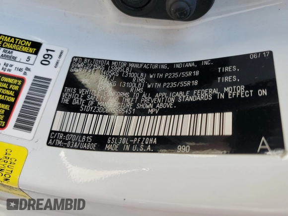 2017 Toyota Sienna XLE Auto Access Seat with VIN 5TDYZ3DC6HS865451, listed as a Copart auction lot 51005475 with 0 mi miles and Salvage Title. Bid and sale history available at carsss.com. Image 13.