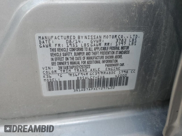 2014 Nissan Sentra SV z VIN 3N1AB7APXEY297622, wystawiony jako Copart lot #56340075 z przebiegiem 116 788 mil mil oraz Szkoda całkowita • Salvage title. Historia ofert i sprzedaży dostępna na DreamBid. Obrazek 12.