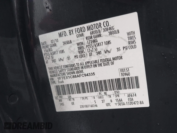 2010 Ford F-150 XL with VIN 1FTEX1C88AFC94335, listed as a IAAI auction lot 41563952 with 198,961 mi miles. Bid and sale history available at carsss.com. Image 9.