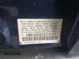 2002 Honda Accord LX with VIN JHMCG56482C014034, listed as a IAAI auction lot 42110164 with 95,657 mi miles and . Bid and sale history available at DreamBid. Image 9.