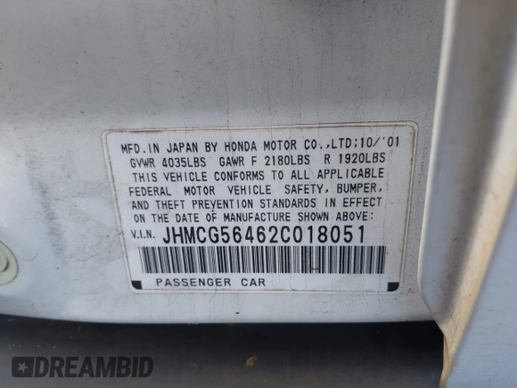 2002 Honda Accord LX with VIN JHMCG56462C018051, listed as a IAAI auction lot 42228727 with 149,269 mi miles and . Bid and sale history available at DreamBid. Image 9.