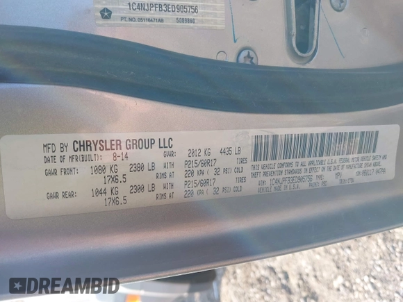 2014 Jeep Patriot Latitude with VIN 1C4NJPFB3ED905756, listed as a IAAI auction lot 42317351 with 137,874 mi miles and . Bid and sale history available at DreamBid. Image 9.