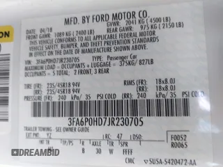 2018 Ford Fusion SE with VIN 3FA6P0HD7JR230705, listed as a IAAI auction lot 42518890 with 114,988 mi miles and . Bid and sale history available at DreamBid. Image 9.