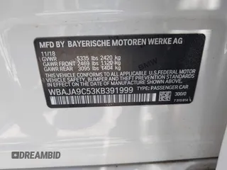 2019 BMW 5 Series 530e with VIN WBAJA9C53KB391999, listed as a IAAI auction lot 42311824 with 79,196 mi miles and . Bid and sale history available at DreamBid. Image 9.