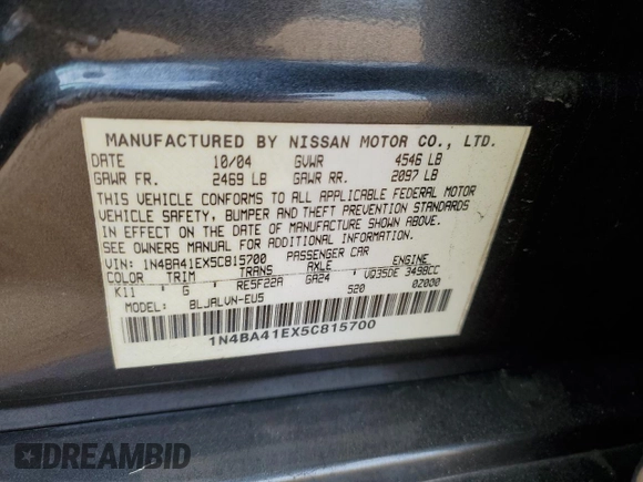 2005 Nissan Maxima 3.5 SE with VIN 1N4BA41EX5C815700, listed as a Copart auction lot 42717065 with 202,229 mi miles and Salvage Title. Bid and sale history available at carsss.com. Image 14.
