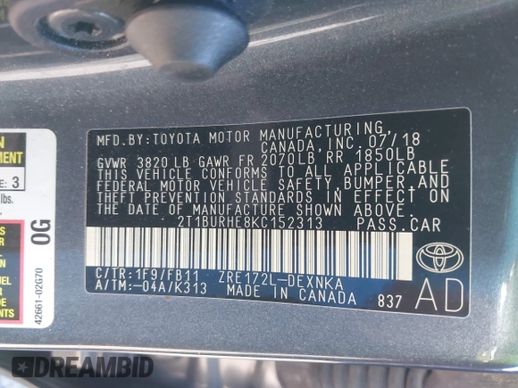 2019 Toyota Corolla L with VIN 2T1BURHE8KC152313, listed as a IAAI auction lot 41875483 with 110,697 mi miles. Bid and sale history available at carsss.com. Image 9.