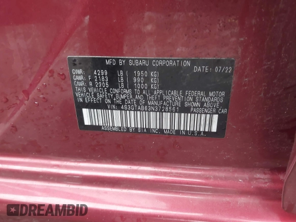 2022 Subaru Impreza z VIN 4S3GTAB63N3728561, wystawiony jako IAAI lot #38580780 z przebiegiem 6320 mil mil oraz . Historia ofert i sprzedaży dostępna na DreamBid. Obrazek 9.