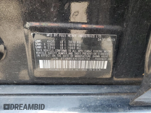 2014 Subaru Legacy Premium with VIN 4S3BMBC6XE3005124, listed as a Copart auction lot 58990305 with 164,752 mi miles and Salvage title. Bid and sale history available at DreamBid. Image 12.