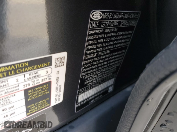 2020 Land Rover Range Rover Autobiography with VIN SALGV5SE1LA593476, listed as a Copart auction lot 70404914 with 18,533 mi miles and Salvage title. Bid and sale history available at DreamBid. Image 13.