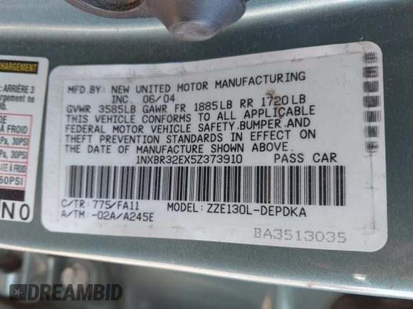 2005 Toyota Corolla CE with VIN 1NXBR32EX5Z373910, listed as a IAAI auction lot 42230582 with 64,004 mi miles and . Bid and sale history available at DreamBid. Image 9.