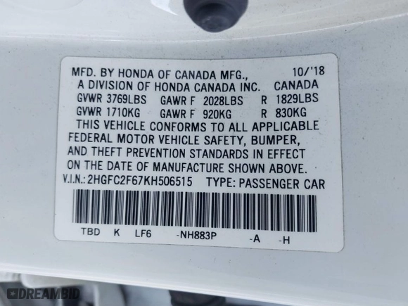 2019 Honda Civic Sedan LX with VIN 2HGFC2F67KH506515, listed as a IAAI auction lot 41755585 with 87,528 mi miles. Bid and sale history available at carsss.com. Image 9.