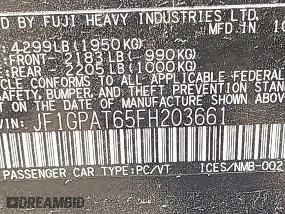 2015 Subaru Impreza Special Sports Premium with VIN JF1GPAT65FH203661, listed as a IAAI auction lot 42193548 with 110,437 mi miles and . Bid and sale history available at DreamBid. Image 9.