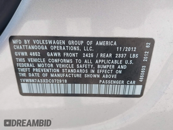 2013 Volkswagen Passat SE with VIN 1VWBN7A3XDC072918, listed as a IAAI auction lot 42381396 with 180,103 mi miles and . Bid and sale history available at DreamBid. Image 9.
