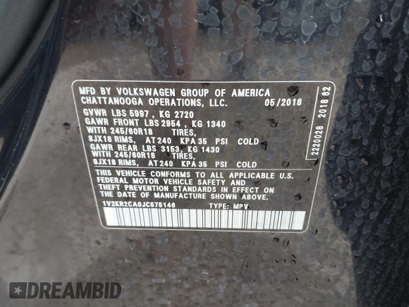 2018 Volkswagen Atlas SE z VIN 1V2KR2CA0JC575146, wystawiony jako IAAI lot #42607627 z przebiegiem 104 521 mil mil oraz . Historia ofert i sprzedaży dostępna na DreamBid. Obrazek 9.