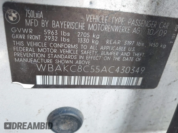 2010 BMW 7 Series 750Li xDrive with VIN WBAKC8C55AC430349, listed as a IAAI auction lot 41004254 with 153,747 mi miles and . Bid and sale history available at DreamBid. Image 9.