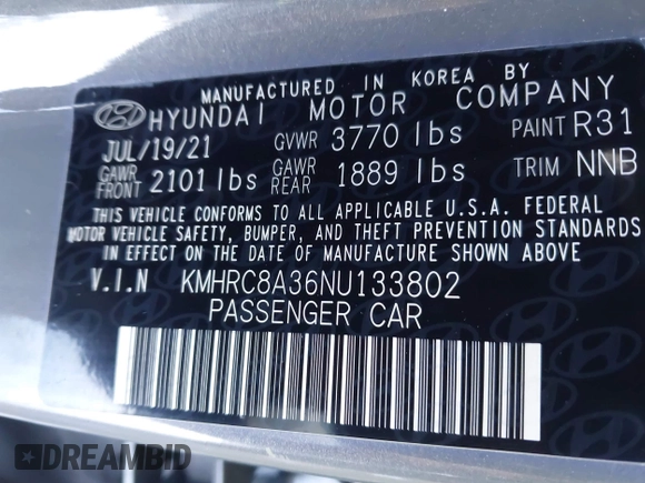 2022 Hyundai Venue Limited with VIN KMHRC8A36NU133802, listed as a IAAI auction lot 41496145 with 15,536 mi miles and . Bid and sale history available at DreamBid. Image 9.